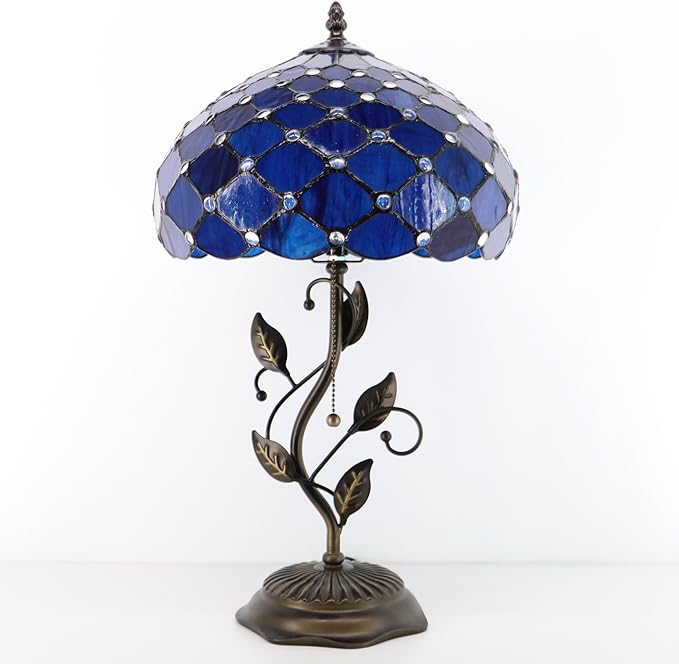 Tiffany Table Lamp, Stained Glass Style Desk Lamp, 12X12X19 Inch,Bedside Reading Light, Metal Leaf Base (Blue Beads)