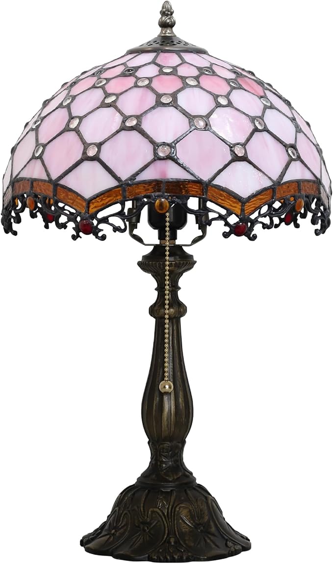 Tiffany Lamp Stained Glass Table Lamp Bedside Table Reading Lamp Living Room Night Light 12-inch Pink Pearl Style Suitable for Home and Office Desktops