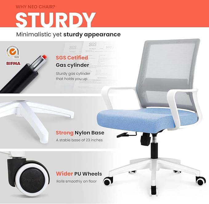 NEO CHAIR Office Chair Gaming Desk Computer Chair Ergonomic Mesh Mid Back with Wheels Lumbar Support Comfy Swivel Adjustable for Home (Sky Blue)