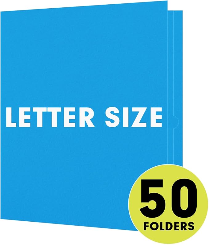 Two Pocket Folders, RAZCC 50 Pack 2Pocket Folders Fit Letter Size Paper, Paper Folders with Pockets for School Office Business Home, Blue, Cyan
