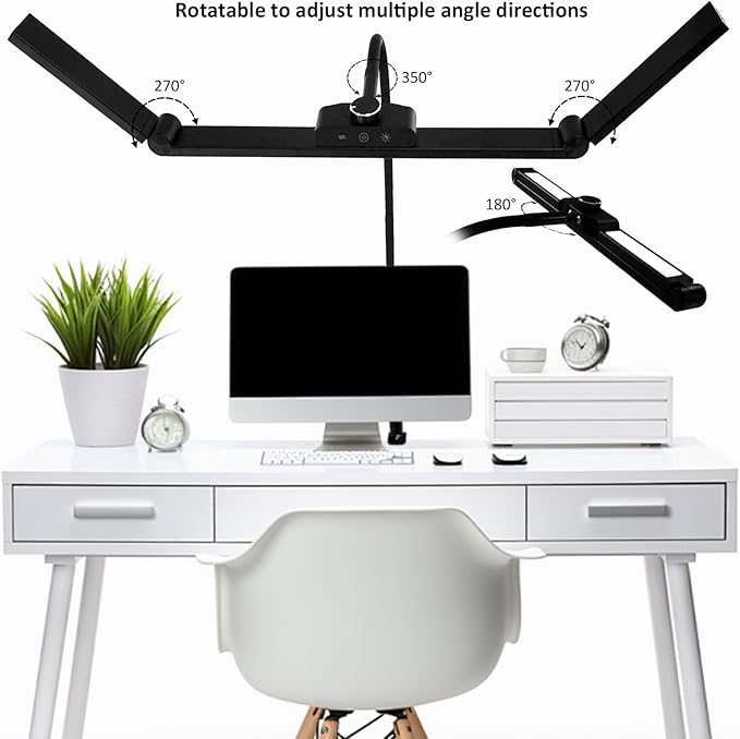 LED Desk Lamp with Clamp for Home Ofice, 24w Stepless Dimming Knob, 2 Auxiliary Lights, Adjustable Gooseneck, Touch control, Eye Protection, Desk Light for Drafting