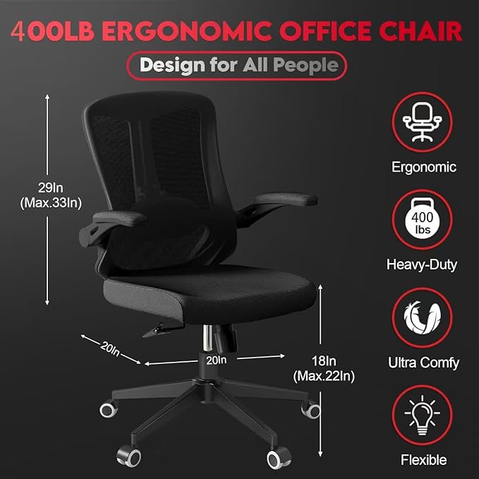 Ergonomic Office Chair - 400LB Comfy Desk Chairs with Back Support, Heavy Duty Mesh Computer Chairs with Wheels and Arms for Home Office, Study, Bedroom and Dorm
