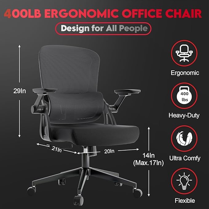 Big and Tall Ergonomic Office Chair,400LB Comfy Desk Chairs with Lumbar Back Support, Heavy Duty Mesh Computer Chairs with Wheels and Arms Comfortable for Home Office, Study, Bedroom