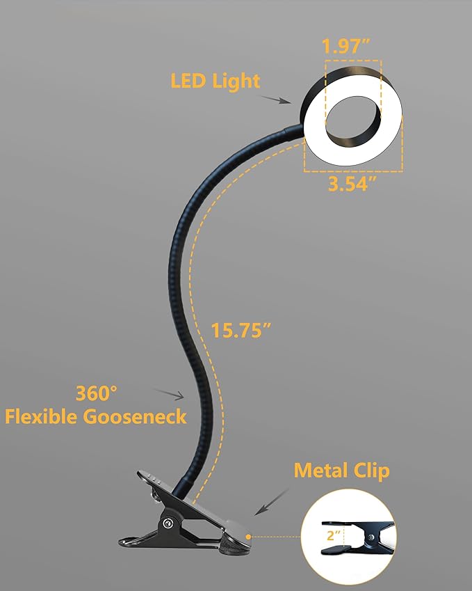 Clip on Desk Lamp with Clamp for Reading Home Office, 360° Ajustable Clip Light for Bed Headboard, Bedside or Desk with 10 Dimmable Brightness 3 Eye-Care Color Modes