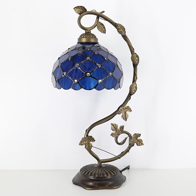 Tiffany Table Lamp, Stained Glass Desk Reading Light,Metal Leaf Table Lamp Base 8X10X21 Inches (Blue Beads)