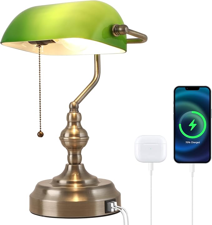 Green Glass Banker's Desk Lamp, Antique Banker Desk Lamps, Traditional Library Lamp with USB Charging Port, Vintage Desk Lamp Green Shade for Office Study Room, Pull Chain Switch