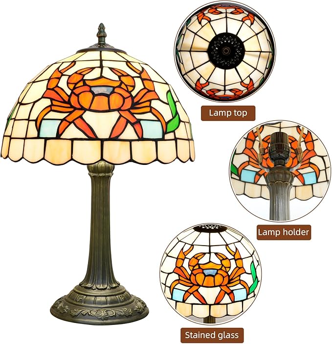 Tiffany lamp 12 inch stained glass lamp crab warm light reading lamp Bed lamp Tiffany style is suitable for bedroom dormitory living room study and other classical art home decoration handicrafts gift