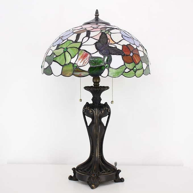 Tiffany Stained Glass Table Lamp 16X16X24 Inch Butterfly Flowers Style Desk Bedroom Living Room Antique Reading Light (Butterfly Flowers)