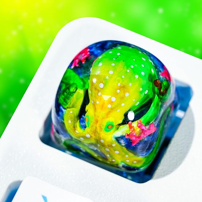 Green Octopus Artisan Keycap DOM Profile Custom Ocean Sea Creatures Keycaps 1U ESC Handmade Gaming Kraken Resin Key Cap Cherry MX Switch Compatible Mechanical Keyboard Octopus Lover Gift