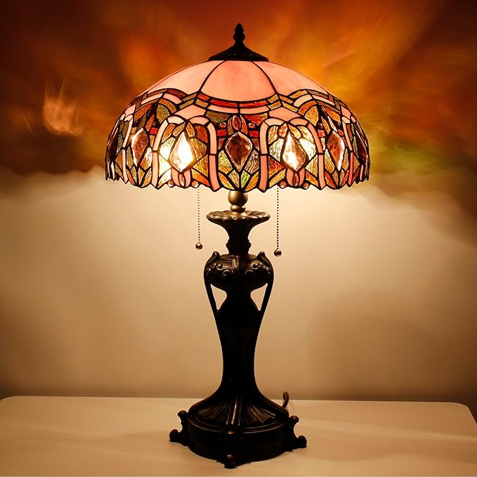 Tiffany Lamp Stained Glass Table Lamp 16X16X24 inchTiffany Style Desk Reading Light Resin Base Decor Bedroom Living Room Home Office (Pink Jewelry)