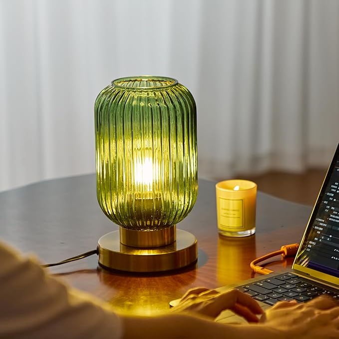 Modern Green Ribbed Glass Table Lamps Mid Century Bedside Light Small Nightstand Lamp with Plug-in Style, E26 Night Lighting for Bedroom Living Room Tabletop