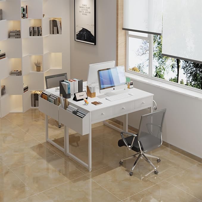 Lufeiya Small White Computer Desk with Fabric Drawers for Home Office Bedroom, 40 Inch Vanity Desk with Drawer Storage and Side Pouch, Study Writing Table, White