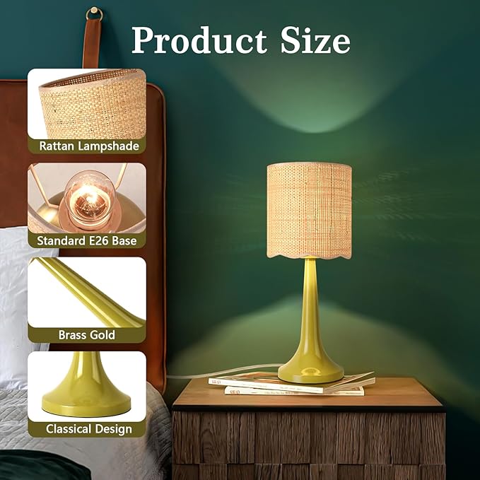 Green Rattan Small Table Lamp for Bedroom, Green Bedroom Lamps for Bedside Nightstand, Small Rattan Shade Table Shape Lamps for Small Spaces for Kitchen Counter, Home Office, Living Room, Kids Dorm