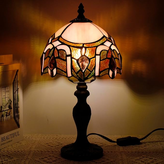 Small Tiffany Lamp Stained Glass Table Lamp Mini Desk Accent Light for Bedroom Bedside Reading Home Antique Style Decor 8X15 Inches (Pink Jewelry)