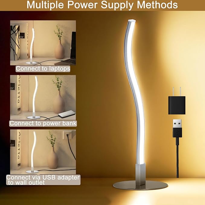 Spiral Lamp for Office,3 CCT 2700K/4500K/6500K Stepless Dimmable Silver Table lamp with USB Adapter,Modern Nightstand Lamp,Unique Bedside Table Lamps,Small Lamp for Nightstand,Living Room,Bedroom