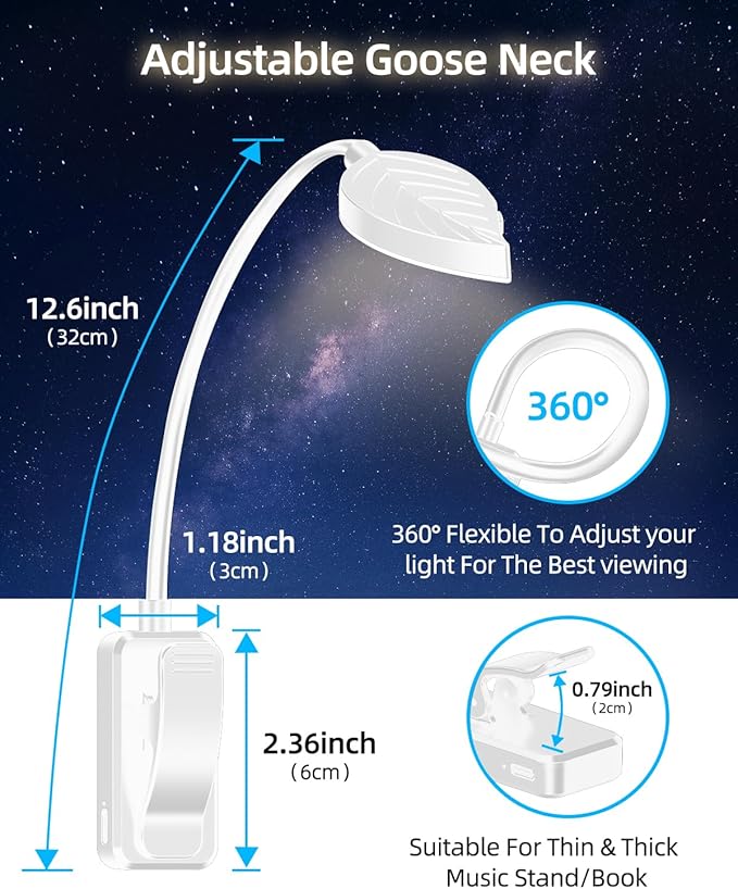 Rechargeable Book Lights for Reading at Night - Eye,3 Color Temperatures,3 Brightness Levels,Flexible Goose Neck Clip on Light,Reading Lights for Books in Bed with Power Indicator Bookworms (White)