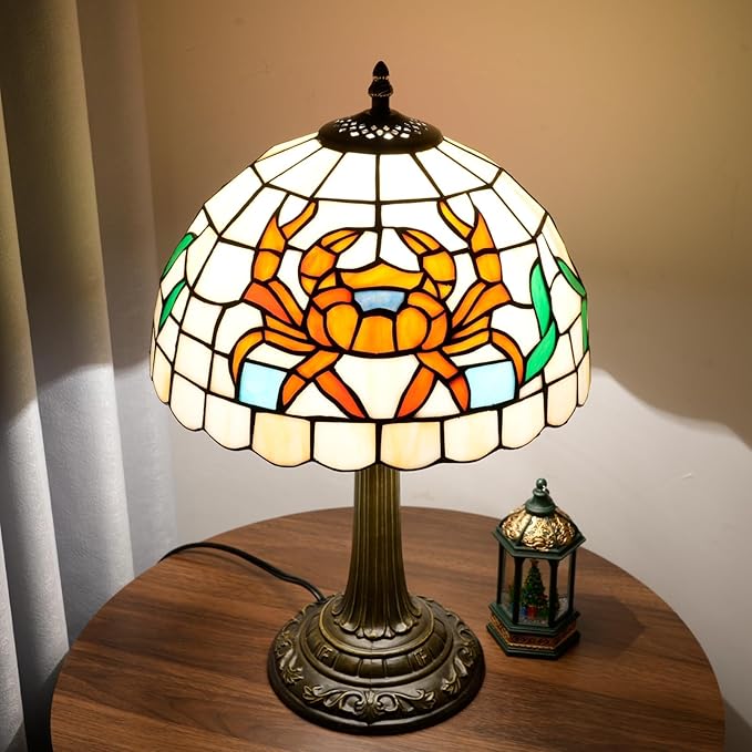 Tiffany lamp 12 inch stained glass lamp crab warm light reading lamp Bed lamp Tiffany style is suitable for bedroom dormitory living room study and other classical art home decoration handicrafts gift