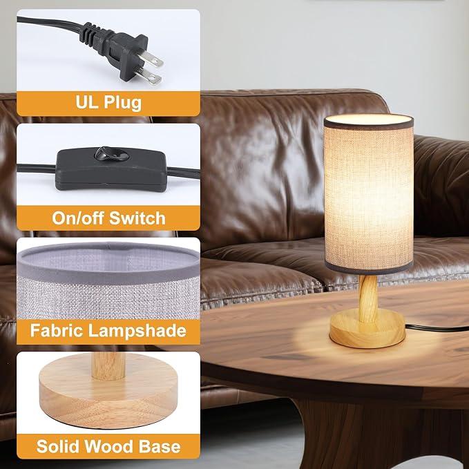 Gray Small Bedside Table Lamp for Bedroom,Natural Round Wood Base&Fabric Linen Shade,Cozy Night Table Light for Study Reading,Minimalist Boho Desk Lamp for Nightstand,Living Room,Nursery,Kitchen,Dorm