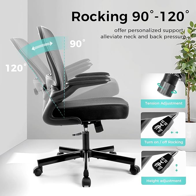 ALPHA HOME Office Chair Ergonomic, Mesh Computer Chair with Lumbar Support Executive Stool with Flip-up Armrest & Padded Cushion, BIFMA & SGS Certified
