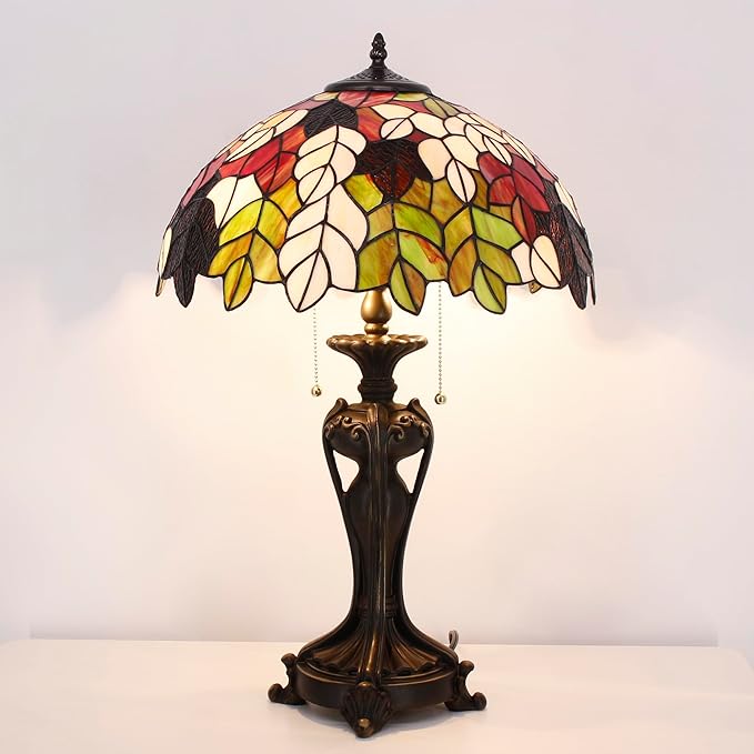 Tiffany Stained Glass Table Lamp 16X16X24 Inch Maple Leaf Style Desk Bedroom Living Room Antique Reading Light (Maple Leaf)