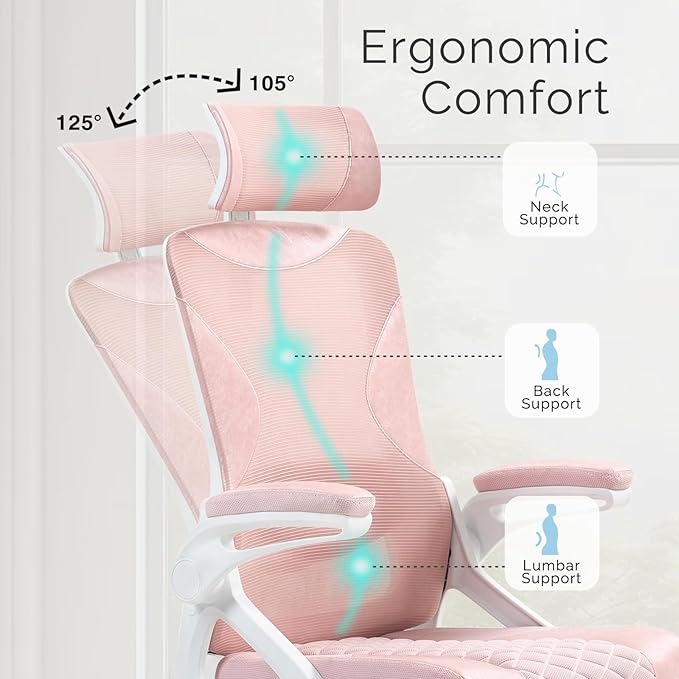 SEATZONE Pink Office Chair,Ergonomic Desk Chair with Adjustable Headrest and Lumbar Support,Swivel Mesh Office Chair with Flip up Armrest for Home Office and Gaming