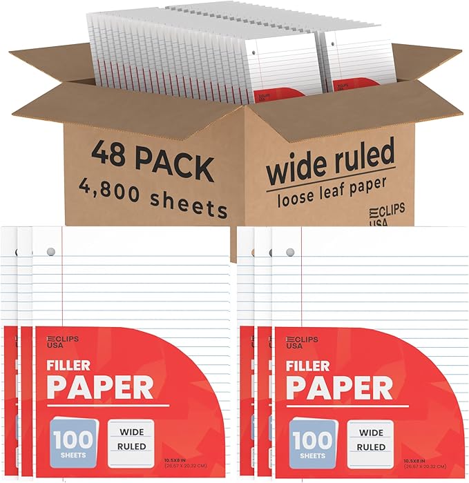 Notebook Paper, Loose Leaf Paper (48 Pack Bulk), Wide Ruled Paper, 10.5” x 8”, Filler Paper, 100 Sheets Per Pack, 60 gsm (48 Pack)