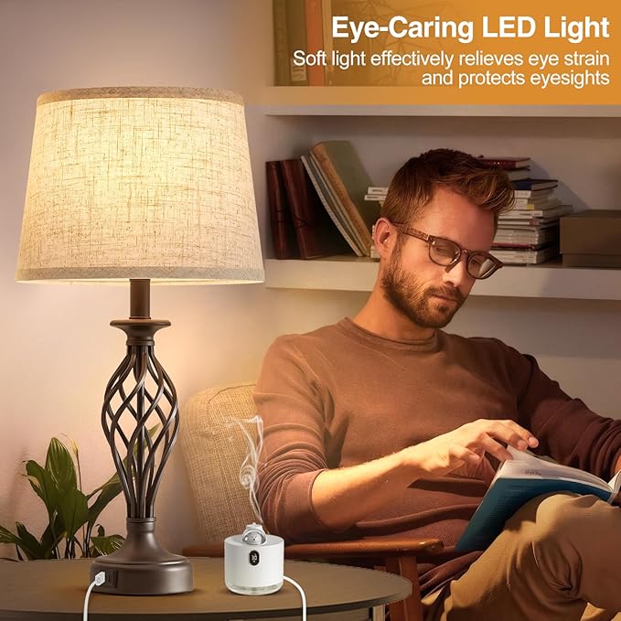 Table Lamp for Bedroom Set of 2 with USB C+A Ports - Modern Brown Bedside Lamps with Spiral Cage Base Fabric Shade - Nightstand Lamp for Living Room Reading Bed Side End Table 2 LED Bulbs Included