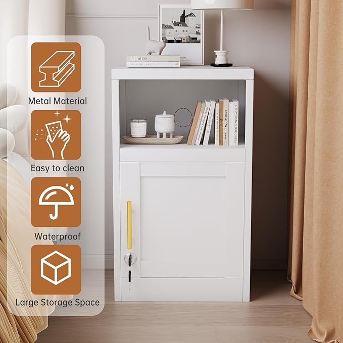 Metal White Nightstand with Lockable, 27.56" Small End Table Storage Cabinet with Door and Adjustable Shelf, Versatile Side Table for Bedroom, Living Room or Office (White)