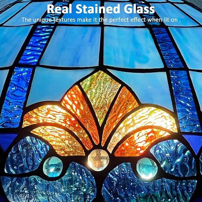 Tiffany Table lamp, Blue Stained Glass Desk Light - Antique Style 16” Large Nightstand Bedside Reading Light for Living Room Bedroom Office