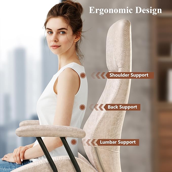 Mid Century Modren Office Chair - Fuax Leather Suede Brown Executive Chairs Ergonomic Mid Back with Lumbar Support, Swivel Computer Desk Task Chair with Wheels for Home Office (Beige, Hign Back)