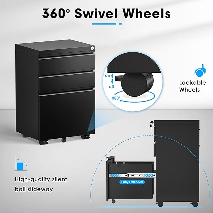 Greenvelly Mobile File Cabinet, 3 Drawer Metal Filing Cabinet on Wheels, Under Desk File Cabinet for Home Office Organizer Letter/Legal/A4 File (Black)