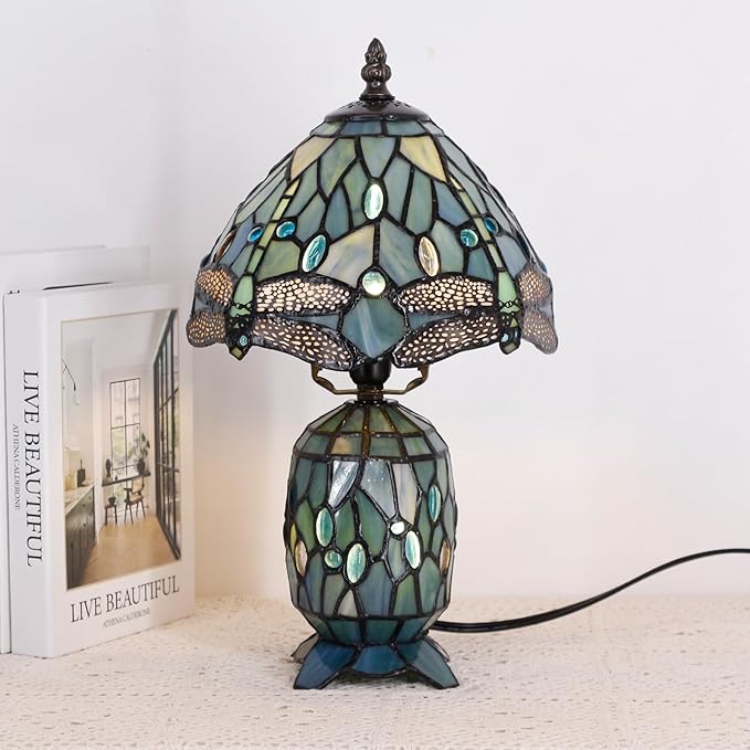 Small Tiffany Lamp Stained Glass Table Lamp Mini Mother Daughter Vase Desk Accent Light for Bedroom Bedside Reading Home Antique Style Decor 8X14 Inches (Sea Blue Dragonfly)