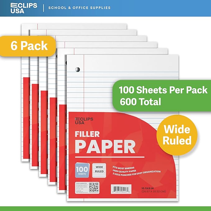 Notebook Paper, Loose Leaf Paper, Wide Ruled Paper, 10.5? x 8?, Filler Paper, 100 Sheets Per Pack, 60 gsm (6 Pack)