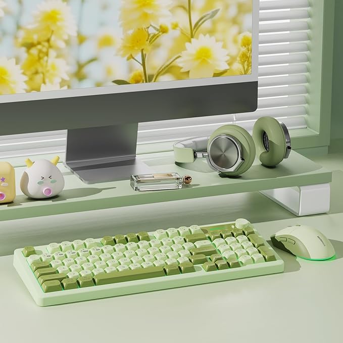 Wireless Keyboard and Mouse Combo Creamy with Number Pad for Desktop Mac iPad Bluetooth/2.4ghz/Wired Rechargeable Light up RGB Quiet Compatible with PC Laptop Tablet (Green)