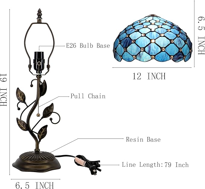 Tiffany Table Lamp, Stained Glass Style Desk Lamp, 12X12X19 Inch,Bedside Reading Light, Metal Leaf Base (Blue Beads)