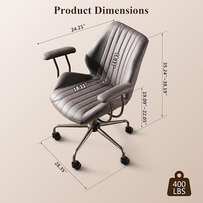 Mid Century Modren Office Chair,Mid Back Ergonomic Executive Chair with Lumbar Support, Computer Desk Swivel Task Chair with Wheels, Faux Lether Suede Fabric Home Chair, Grey