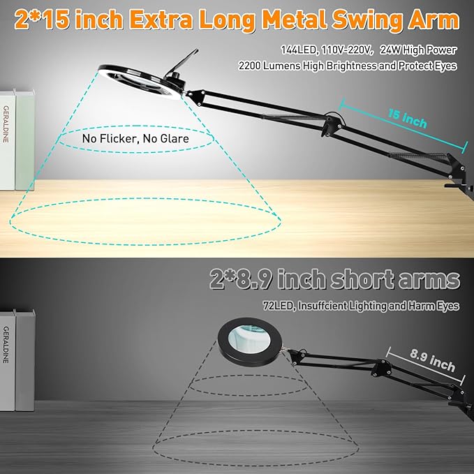 10X Long Magnifying Glass with Light, 2200 Lumen & 24W Stepless Dimming LED Magnifying Lamp with Clamp, Adjustable Swing Arm Lighted Magnifier Light, Hands Free Craft Lamp for Hobby Repair Reading