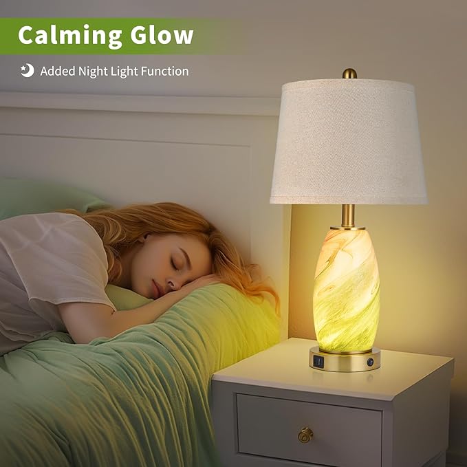 Green Lamps Set of 2 for Bedroom & Bedside with 3-Way Lighting Modes & USB C+A - Modern Style Glass Nightstand Table Lamps for Living Room & Bedroom Decoration (23.5" H)