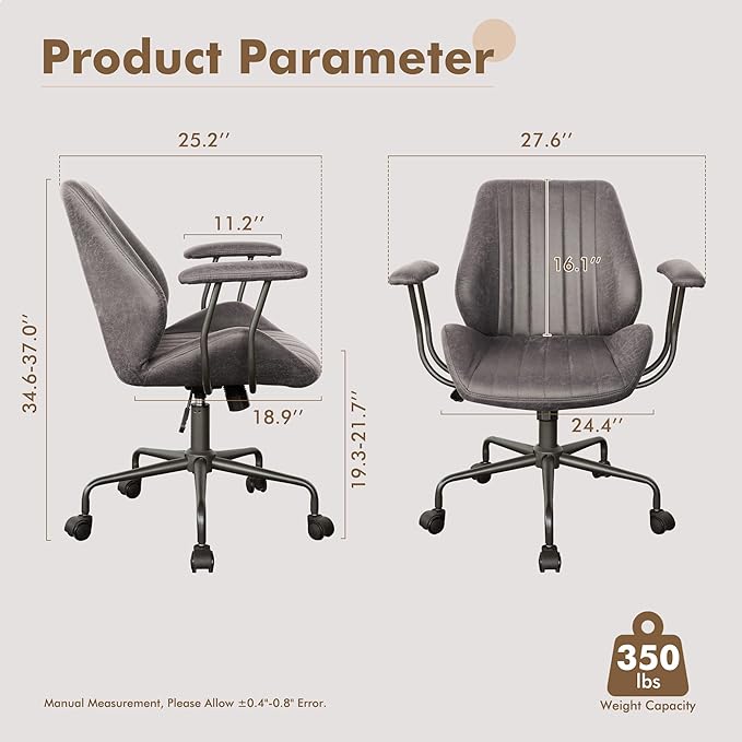 Mid Back Office Chair Mid Century Modern Executive Chair,Lumbar Support Ergonomic Home Office Desk Chair,Rolling Swivel Task Chair Task Chair Armrests Height Adjustable,350lbs (Gray)