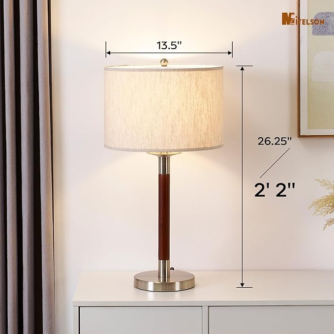 LED Bedside Lamp for Bedroom, Modern Desk Lamp with Dimmable Switch and Bulb, Wood Table Lamp for Nightstand, Desk Reading Lamp for Kids Room, Living Room, Office, Walnut Wood Finish