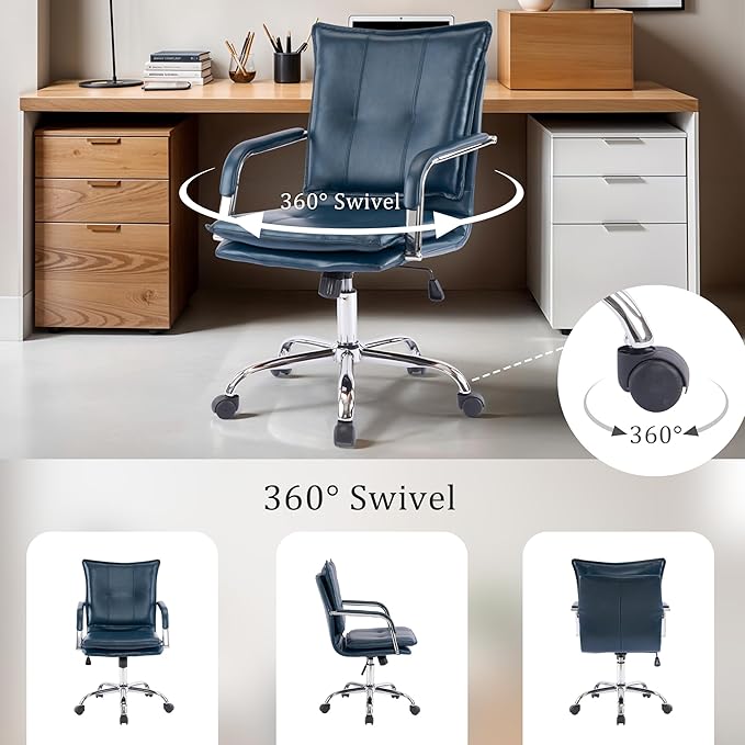 Mid-Back Ergonomic Leather Office Chair, Modern Upholstered Executive Desk Chair with Gold Frame Armrest Computer Task Chair (Dark Blue &Silver Legs)