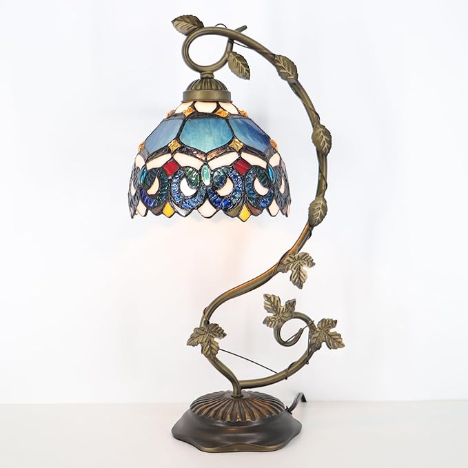 Tiffany Table Lamp, Stained Glass Desk Reading Light,Metal Leaf Table Lamp Base 8X10X21 Inches (Blue Baroque)