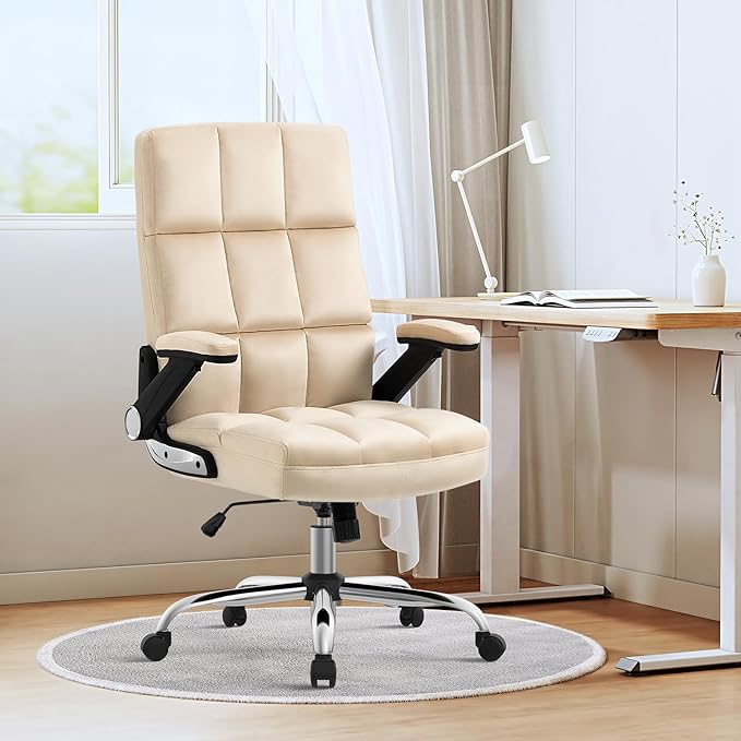 SEATZONE Executive Office Chair,Comfortable Soft Velvet High Back Computer Chair,Swivel Work Chair with Flip-up Armrests Adjustable,Beige