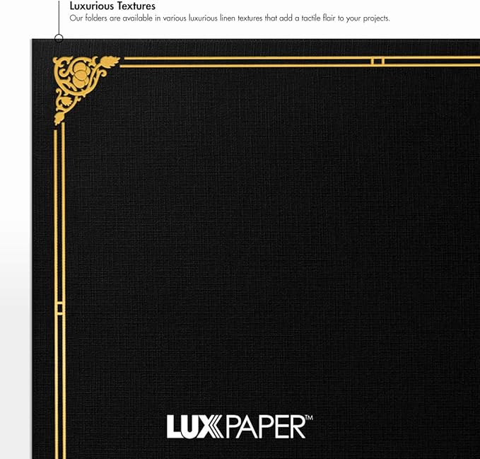 LUXPaper 9.5" x 12" Certificate Holders | Black Linen | Embossed Gold Foil Floral Border | 100lb. Cover | 25 Qty