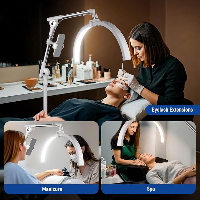 NEEWER Basics 22" Half Moon Lash Light with Articulating Desk Clamp Mount Stand/Phone Holder, 32W Foldable LED Nail Tech Table Arc Lamp for Makeup Beauty Tattoo Overhead Video Recording, HM03-D