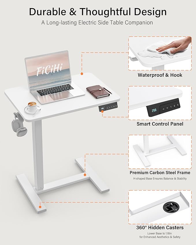 FiCiHi Small Electric Standing Desk - Adjustable Height Bedside Laptop Table with Wheels, Mobile, Portable Rolling Computer Workstation Sit Stand Table for Home Office, Sofa, Couch Use (28x16, White)