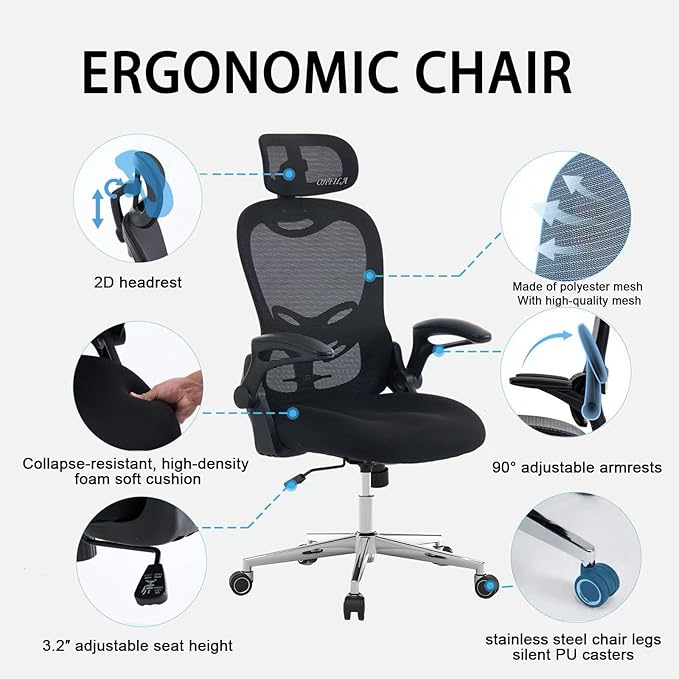 Office Chair, Ergonomic Breathable Mesh,Flip-Up Arms and Adjustable High Back Lumbar Support,Comfy Computer Chair for Home Office (Black, 407)