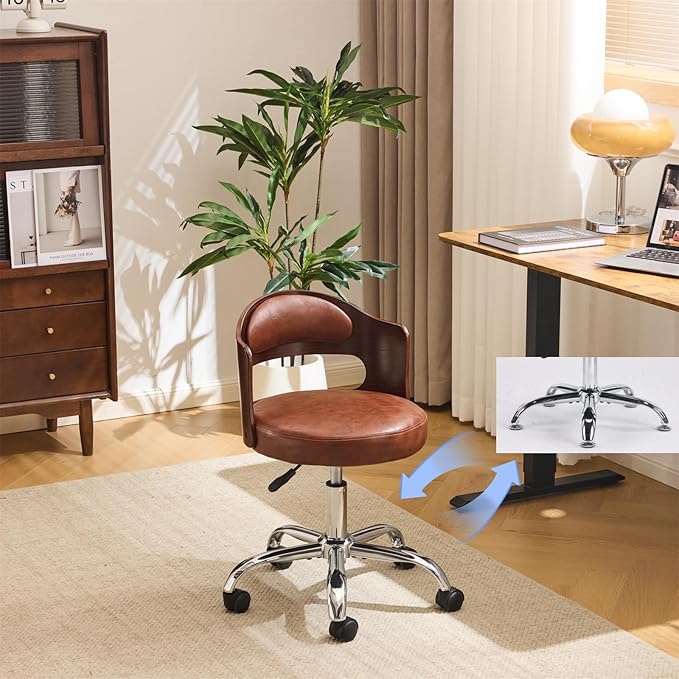 VINGLI Armless Home Office Desk Chair, Adjustable Swivel Chair,Dual-Use with/no Wheels,Small Retro Designed Walnut Curved Task Chair,Cushioned Nail Tech Chair for Study Area,Workspace,PU,Brown