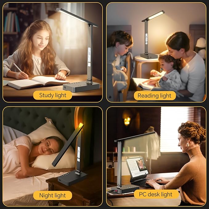 Power Strip with LED Desk Lamp, 2 Outlets 1 USB-A Ports 1 Type-C Ports, Small Desk Lamp with Surge Protection and Led Display, 5ft Extension Cord, 5 Color Modes 5 Brightness, Dorm Room Essentials