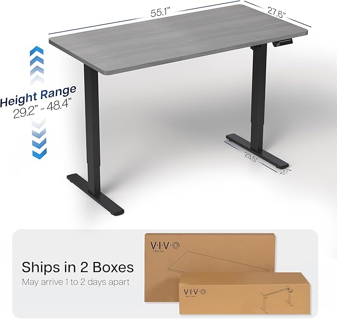 VIVO Electric 55 x 28 in Standing Desk, Memory Height Adjustment, 1B Series, One-Piece Dark Gray Top, Black Frame, DESK-KIT-1B55G